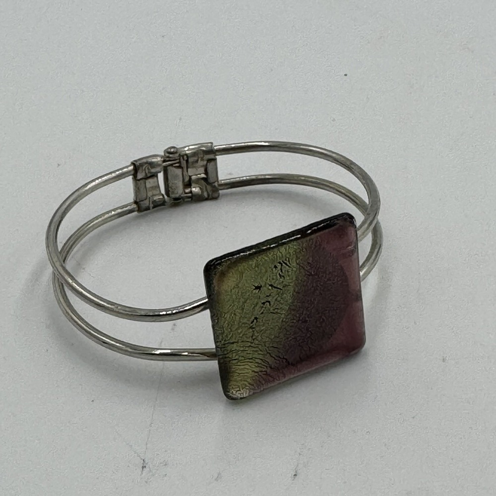Vtg Fused Dichroic Glass Bangle Cuff Bracelet Purple Green Silvertone